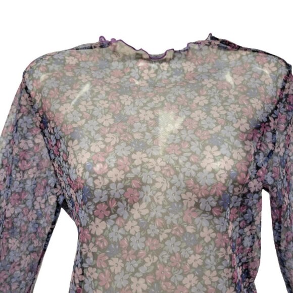 Sheer Purple High Neck Long Sleeve Floral Print Blouse Top Size L - Picture 2 of 13